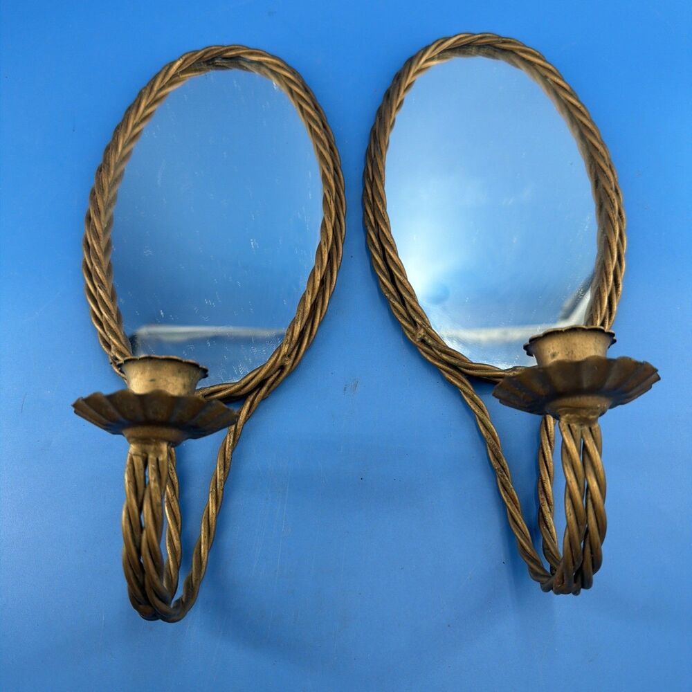 Vintage Set Of 2 Metal Wall Sconces Candle Holders Twisted Ropes Framed Mirrors